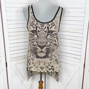 Wet Seal Leopard Face Print Sheer High Low Tank Top Shirt Tan Brown Small‎
